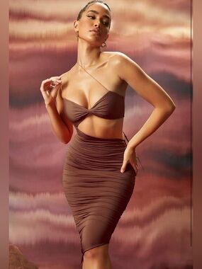 Brown Ruched Cutout Bodycon Dress